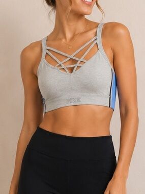 PINK Victoria's Secret Gray Strappy Sports Bra with Blue Side Panels